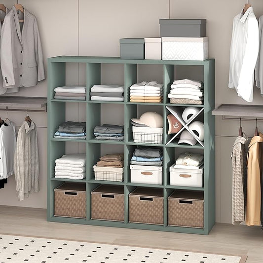 Furinno Cubic Closet Organizers and Storage, 16-Cube Closet Organizer, Open Shelf Closet Storage, Extra Thick Frame for Wardrobe, Bedroom, Living Room, Sage Green