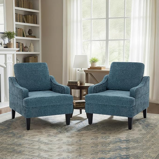 Modern Accent Chairs Set of 2 Upholstered Reading Chair for Bedroom with Side Pockets Comfy Living Room Chairs Living Room Armchair for Office, Apartment (Blue Chenille)