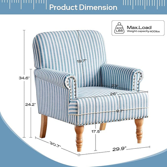 HUIMO Linen Fabric Accent Chairs Set of 2, Mid-Century Modern Armchair with Solid Wood Legs, Single Sofa Chair,Upholstered Reading Club Chair (2, Blue and White Stripe)