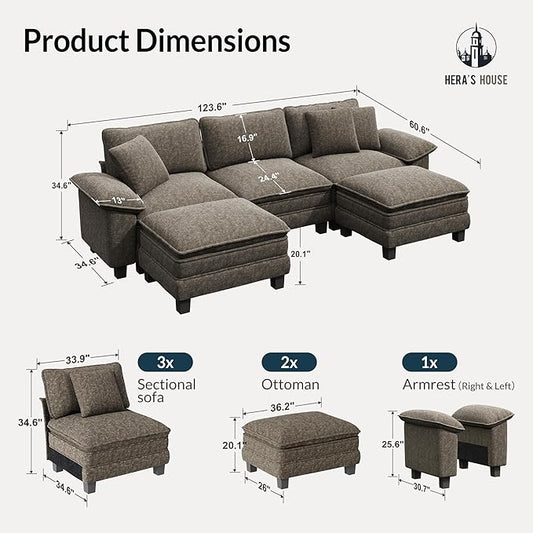 HERA'S HOUSE 124" Modular Sectional Sofa, Oversized U Shaped Couches for Living Room, Comfy Cloud Couch with Ottoman, 5-Seater Deep Seat Sofa with Throw Pillow, Chenille Ash