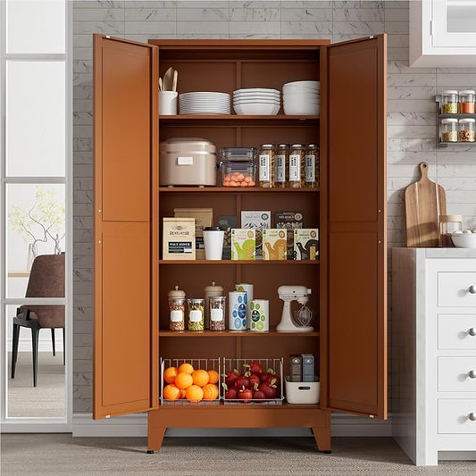 71" Tall Metal Storage Cabinet with 2 Doors and 4 Adjustable Shelves, 5-Tier Kitchen Pantry Storage Cabinet for Kitchen, Living Room, Dining Room and Office, Brown