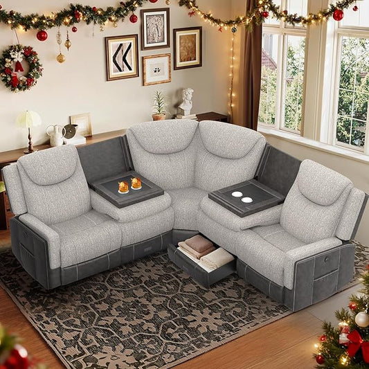 Manual Recliner Sectional Sofa for Living Room, Corner Couch with Flip Middle Backrest, USB Ports & Cup Holders, Grey Linen & Chocolate Leather, 5 Seater Sectional Couch