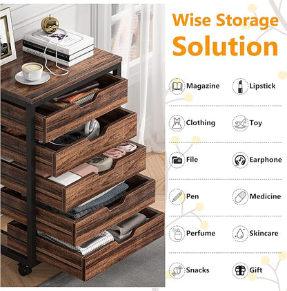 Tribesigns 5 Drawer Chest, Wood Storage Dresser Cabinet with Wheels, Industrial Storage Drawer Organizer Cart for Office Bedroom Entryway (Rustic Brown, 1 PC)