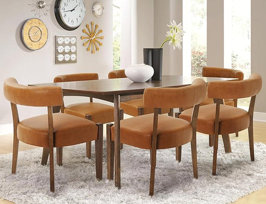 Modern Dining Chairs Set of 6, Faux Leather Upholstered Kitchen & Dining Room Chairs, Mid Century Modern Wooden Dining Chairs Oversized Sturdy Rounded Chairs Curved Back, Brown
