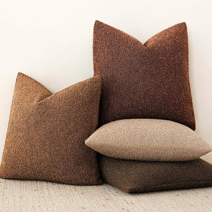 Foindtower Set of 2, Decorative Textured Boucle Throw Pillow Covers Accent Solid Pillow Cases Neutral Soft Cozy Couch Cushion Case for Chair Sofa Bedroom Living Room Home Decor 24x24 Inch Hazel Brown
