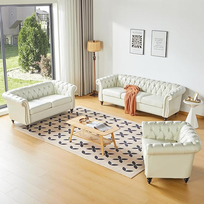 Chesterfield 3 Seater Sofa, Modern Leather Tufted Couch 3 Seater with Rolled Arms and Nailhead Mid-Century Upholstered Couch for Living Room, Bedroom, Apartment and Office, White