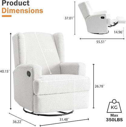 Boucle Swivel Glider Recliner Chair for Adults - Plush High Back Rocker with Deep Seat, Manual Reclining Upholstered Armchair for Living Room or Nursery, Textured Fabric Accent Chair-White