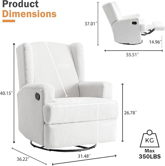 Boucle Swivel Glider Recliner Chairs Set of 2 for Adults - Plush High Back Rockers with Deep Seat, Coordinating Manual Recliners for Living Room, Luxury Upholstered Armchairs-White