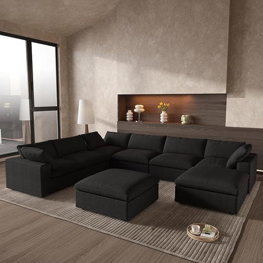 Cloud Couch Modular Sectional Sofa with Storage Ottomans,Oversized Down Filled 8 Seater Convertible Sectional Sofas, Black Wide Deep Seat Couch for Living Room,Covers Washable&Replaceable