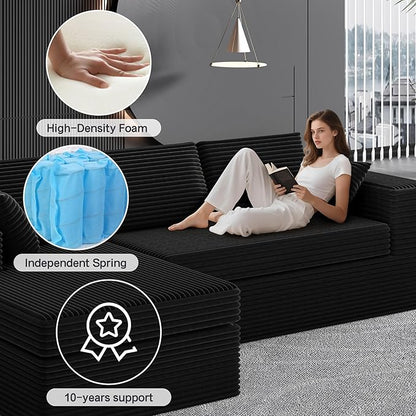 108-inch Boneless Couch for Living Room，Comfy Boneless Sofa with Deep Seats & Chaise Lounge, 3-Seat Modular Sofa Memory Foam Sectional Couches - No Assembly Required(Dark Black)