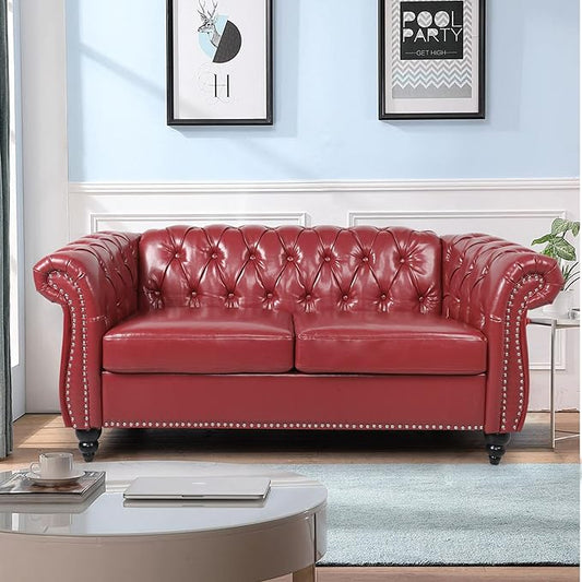 LEVNARY Leather Sofa, Chesterfield Tufted Upholstered 2 Seater Couch, Modern Loveseat Couch Classic Furniture for Living Room Bedroom (Wine Red)