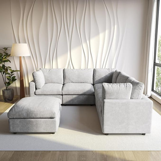 WJShome Cloud Couch Modular Sectional Sofa,100.5" V Shaped Couch, Convertible Wide Seater with Ottoman, 6 Seater for Living Room Set,Covers Washable&Replaceable,Gray