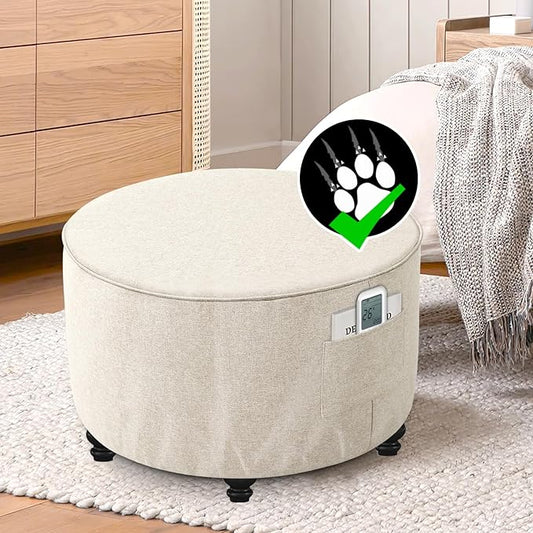 H.VERSAILTEX Ottoman Cover Round Thick Linen Look Ottoman Slipcover Round Ottoman Storage Cover Folding Stool Covers Furniture Protector Cover for Footrest Ottoman Fit Dia 24" - 26", Heather Ivory