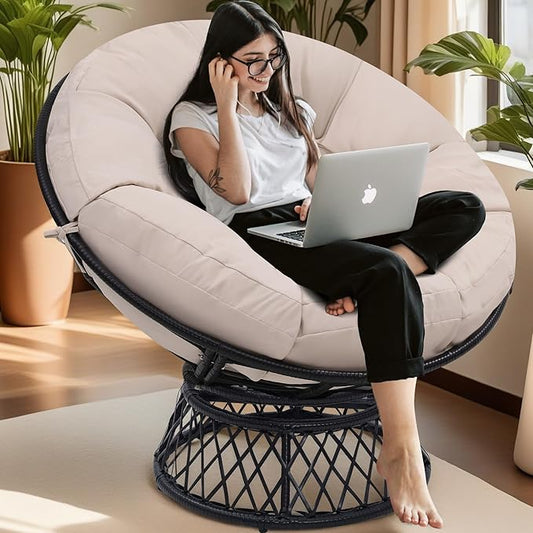 46" Giant Oversized Ergonomic Rattan Papasan Chair with Soft Thick Cushion for Adults, Fluid 360° Swivel, Waterproof, Black Frame with Beige Cushion