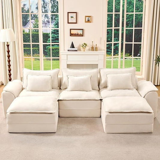 Hobestluk 120" Cloud Modular Sectional Couch 3-Seater Sofa with Ottomans U Shaped Couch Deep Seat Sofa with Removable Cover Large Sofa for Living Room (Beige, 3-Seater Sofa with Two Ottomans)