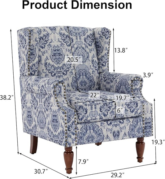 Pia Ricco Set of 2 Floral Accent Chairs, High Back Upholstered Armchairs with Retro Wingback Design, Nailhead Trim & Solid Wood Legs for Living Room Bedroom(Flower Navy)
