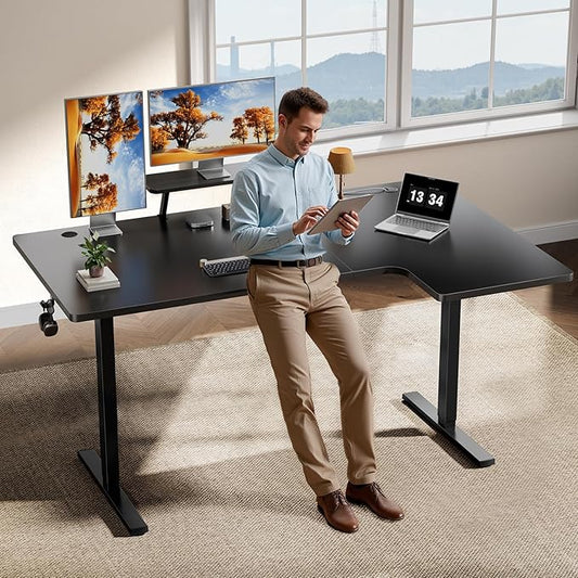 L-Shaped Standing Desk - 63 Inch Adjustable Corner Standing Desk with Flexible Monitor Stand, Electric Sit Stand Computer Table with Memory Controller for Home Office