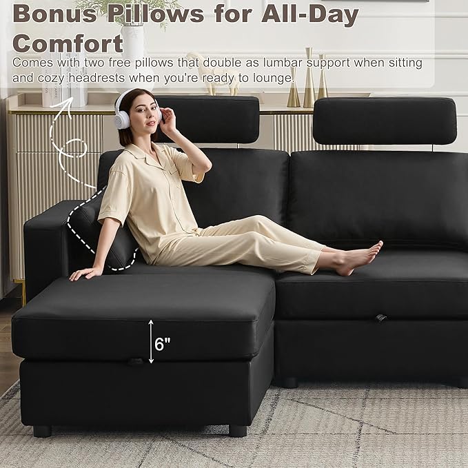 69.7" Loveseat Storage Sofa, Faux Leather Love Seat Couch with Headrest & Pocket, Modular Sectional Cloud 2 Seater Sofas for Living Room Apartment Small Spaces, Oversized Deep Seat Couches, Black