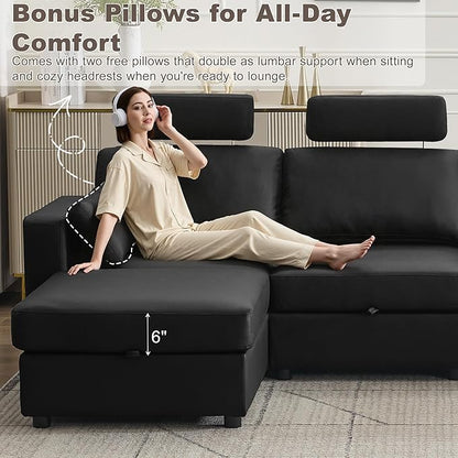 41.1" Accent Sofa Chair with Storage, Faux Leather Living Room Chairs with Headrest and Side Pockets, Mid Century Modern Arm Chair, Upholstered Comfy Single Couch Reading Club Chairs, Black