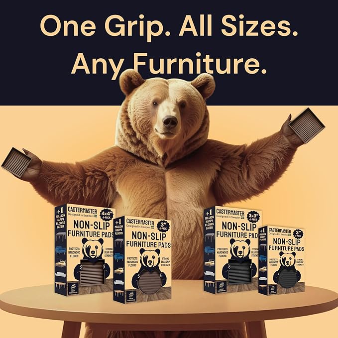 CasterMaster Non Slip Rubber Furniture Cups for Hardwood Floors - 4x4 Brown Round Caster Pads - Heavy Furniture Leg Cups - Set of 4