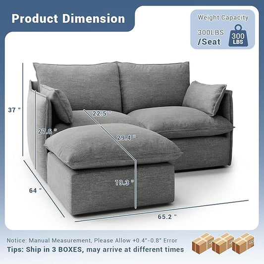Cloud Modular Sectional Sofa, Waterproof Down Filled Sectional Sofa, High Backrest Loveseat Couch with Ottoman, Modern Modular Couch with Removable Cover, Dark Gray