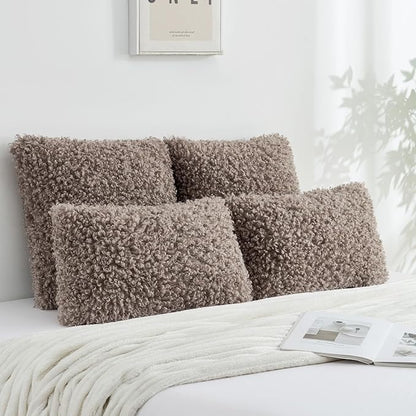 FUTEI Khaki Decorative Throw Pillow Covers 16x16 Inch Set of 2,Soft Fluffy Faux Wool Fur Boucle Textured Cushion Case,Modern Home Decor for Couch Bed Living Room Office