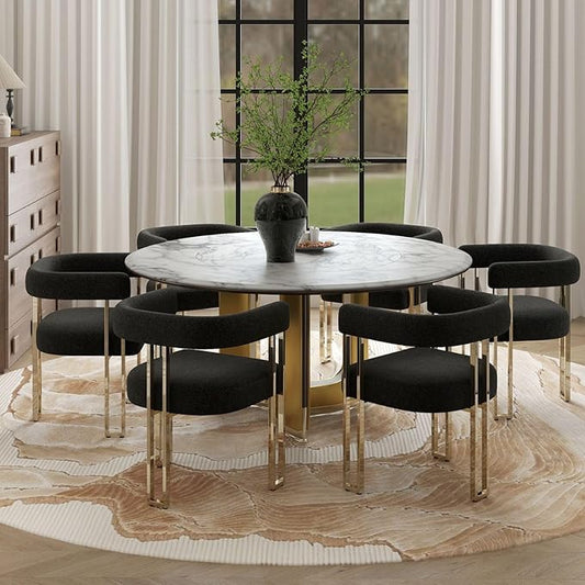 Set of 6 Modern Black Boucle Dining Chairs with Gold Metal Legs, Mid Century Accent Upholstered Barrel Armchairs with Open-Back for Kitchen, Dining Room, Living Room, Apartment