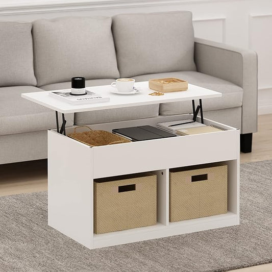 Furinno Jensen Living Room Lift Top Coffee Table with Hidden Compartment, Solid White