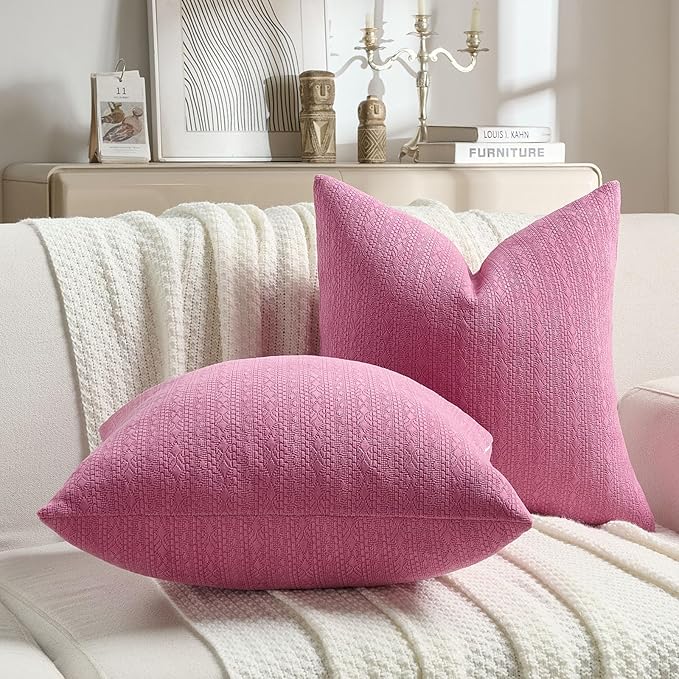 FUTEI Hot Pink Chenille Throw Pillow Covers 16x16 Inch Set of 2,Soft Striped & Diamond Textured Cushion Cases,Modern Home Decor for Couch Living Room