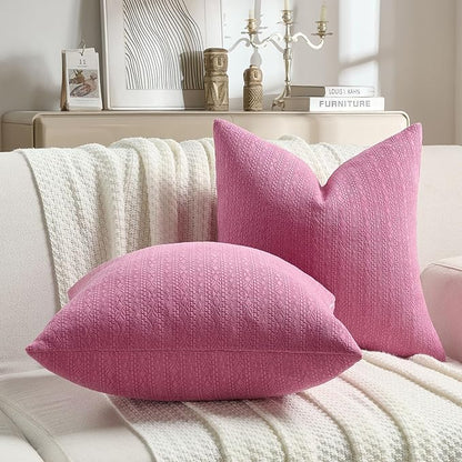 FUTEI Hot Pink Chenille Throw Pillow Covers 16x16 Inch Set of 2,Soft Striped & Diamond Textured Cushion Cases,Modern Home Decor for Couch Living Room