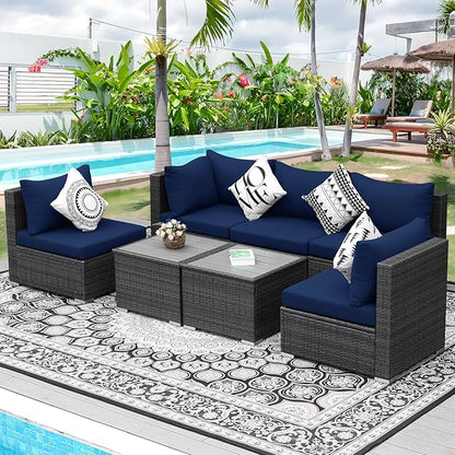 NICESOUL 7 Piece High-End Outdoor Furniture Sofa Set, 29.3'' High Back XL Large Grey Wicker Patio Modular Sectional with Side Tables, All-Weather Couches for Backyard Deck, 2 Color Cushion Navy & Grey