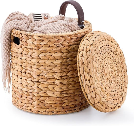 Wimarsbon Round Pouf Ottomans, Handwoven Natural Water Hyacinth Seagrass Pouffe,Outdoor Rattan Stool Accent Seat, Bohemian Coastal Home Decor (Storage - 14inch Water Hyacinth Braid)