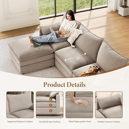 Vesgantti 108" Modular Sectional Sofa, Comfy Cloud Couch with Movable Ottoman Deep Seat Chenille L Shaped Modular Sofa, Sectional Couches for Living Room, Bedroom and Apartment, Light Brown