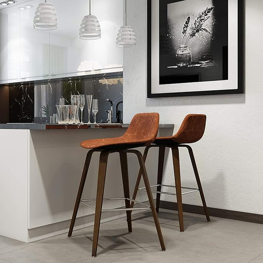 SIMPLIHOME Randolph Counter Stools (Set of 2) - 28 Inch Seat Height Upholstered Bentwood Kitchen Seats in Deep Tan Vegan Faux Leather, Mid Century Modern Seating with Curved Backrest and Footrest