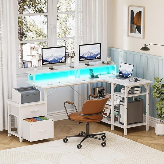 Office Desk L Shape with File Drawers&Power Outlet,YOUNGAR 69.3 Inch Reversible L Shaped Computer Desks,Corner L Shape or Long Desk Set up Monitor Stand &Storage Shelves LED Lights&CPU Stand,All White
