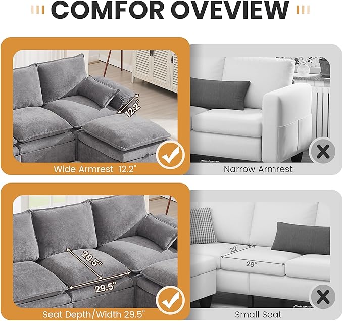 130" U Shaped Modular Sectional Sofa, Couch with Ottoman Storage, Chenille Cloud Couch with Plush Deep Seating for Living Room, Bedroom (8 Seat, Light Grey)