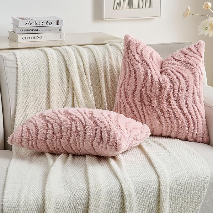 FUTEI Pink Decorative Throw Pillow Covers 12x20 Inch Set of 2,Soft Faux Fur Geometric Shapes Texture Pillowcase,Boho Home Decor for Couch Bed Living Room