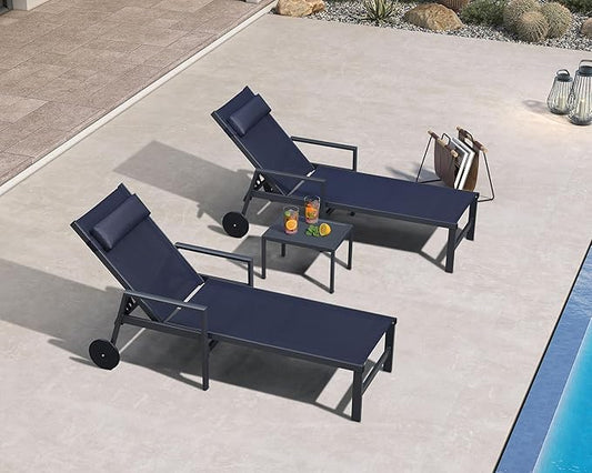 PURPLE LEAF Patio Lounge Chair Set of 3 Outdoor Chaise Lounger Aluminum Frame with Armrest Side Table and Wheels for Pool Outside Sunbathing Tanning Recliner Including Pillows Navy Blue