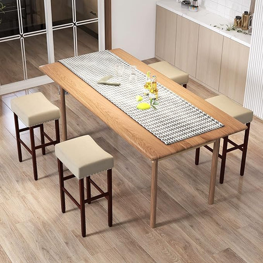 COSTWAY Set of 4 Bar Stools, 29.5-inch Backless Saddle Stools with Nailhead Trim, Rubber Wood Frame, Footrest, Max Load 330 lbs, Upholstered Barstools for Kitchen Island Pub, Beige
