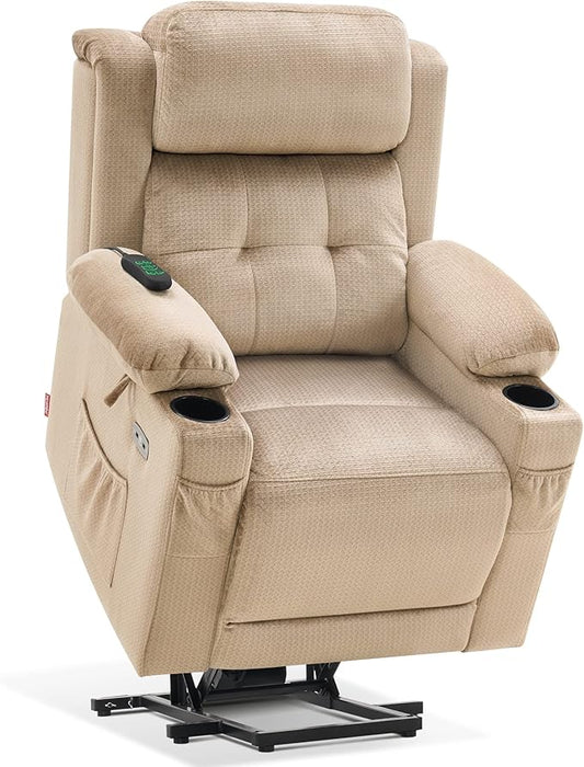 MCombo Small Triple Motor Power Lift Recliner Chair with Massage and Heat for Petite Elderly People, Adjustable Headrest, Infinite Position, USB Ports, Fabric 7664 (Beige, Small)