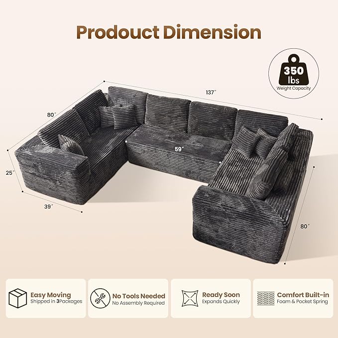 Cloud Sectional Couch with Loveseat, Boneless U-Shaped Cloud Couch with Deep Seat, Soft Plush Modern Minimalist Sofa, Assembly Free Modular Floor Sofa for Office Living Room Apartment, Grey