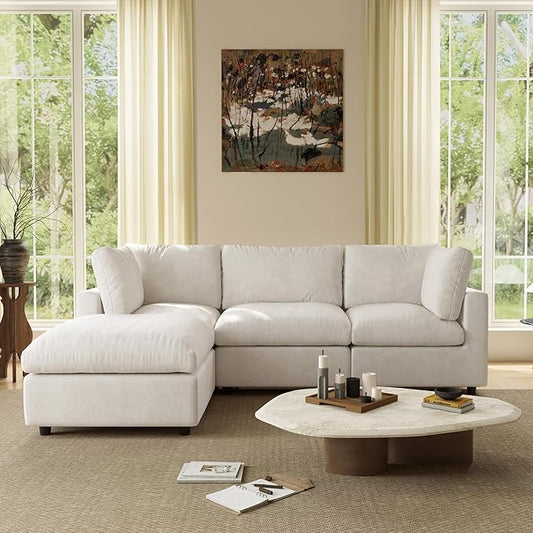 WJShome Modular Sectional Cloud Couch Modern L Shaped Sofa with Ottoman, 100 Inch 3-Seat Chenille Deep Seat Couches for Living Room, Bedroom and Apartment，Beige