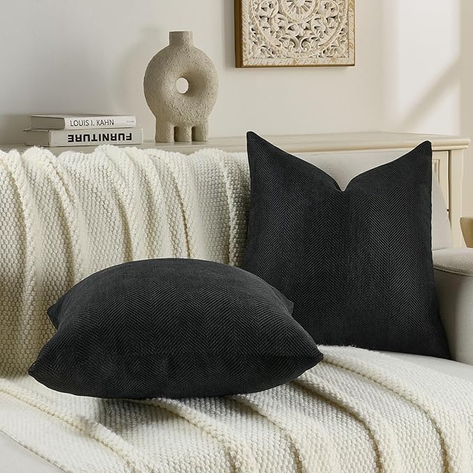 FUTEI Black Chenille Throw Pillow Covers 20x20 Inch Set of 2,Soft Wide Chevron Textured Cushion Case,Farmhouse Home Decor for Couch Bed Living Room