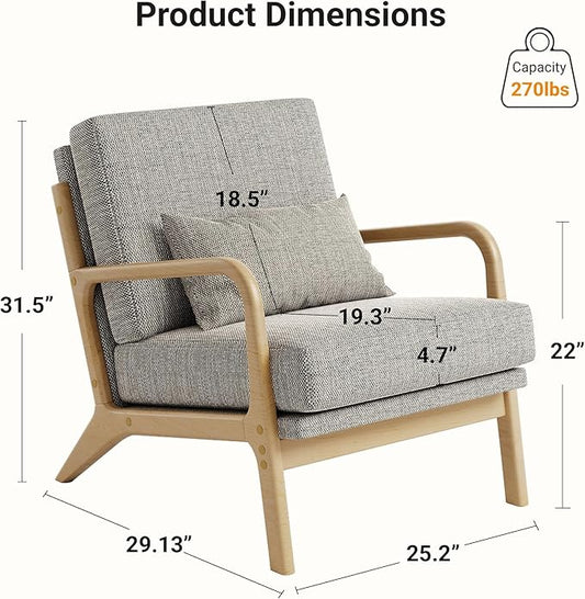 Claiks Mid-Century Modern Accent Chair, Living Room Armchair with Solid Wood Frame & Lumbar Pillow, Comfy Upholstered Lounge Chair for Bedroom, Office, Linen-Like Fabric, Dark Gray