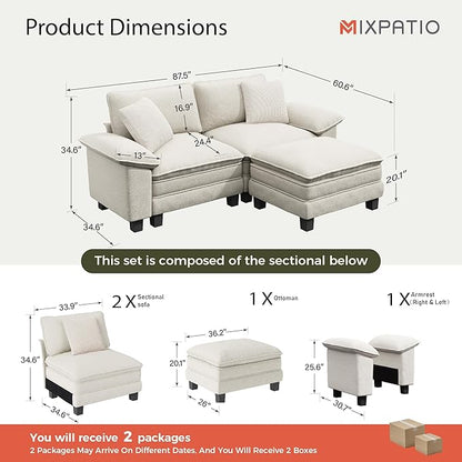 87-Inch L Shaped Sectional Sofa with Cloud Cushions, Deep Seat Modular Couch Set w/ 3 Seats & 1 Ottomans, Removable Arms, Plush Chenille Upholstery for Living Room, Apartment - Beige