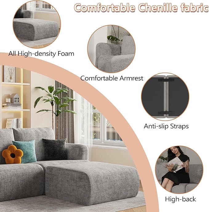 EASE MOOSE Oversized Sectional Cloud Couch, 8-Seat Modular Couch Set, Corner V-Shaped Deep-Seat Boneless Sofa, No-Assembly Chenille Sofa for Living Room, Light Grey