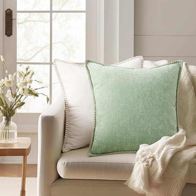 decorUhome Christmas Chenille Soft Throw Pillow Covers 24x24 Set of 2, Farmhouse Velvet Neutral Decorative Euro Pillow Covers with Stitched Edge for Couch Sofa Bed Home Decor, Sage Green