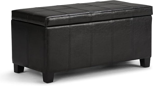 SIMPLIHOME Dover 36 inch Wide Contemporary Rectangle Storage Ottoman Bench in Midnight Black Vegan Faux Leather, Assembled, for the Living Room, Entryway and Family Room