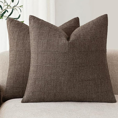 Foindtower Set of 2 Decorative Linen Check Throw Pillow Covers Neutral Farmhouse Vintage Cushion Covers Modern Boho Home Decor for Sofa Chair Couch Bedroom Living Room,26×26 Inch,Dark Brown