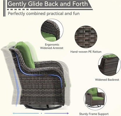 2 Pieces Outdoor Swivel Rocker Patio Chairs Set - Outdoor Wicker Patio Conversation Sets with 1 Side Table, Olefin Fabric Cushions Suitable for Backyard Deck and Porch, Green